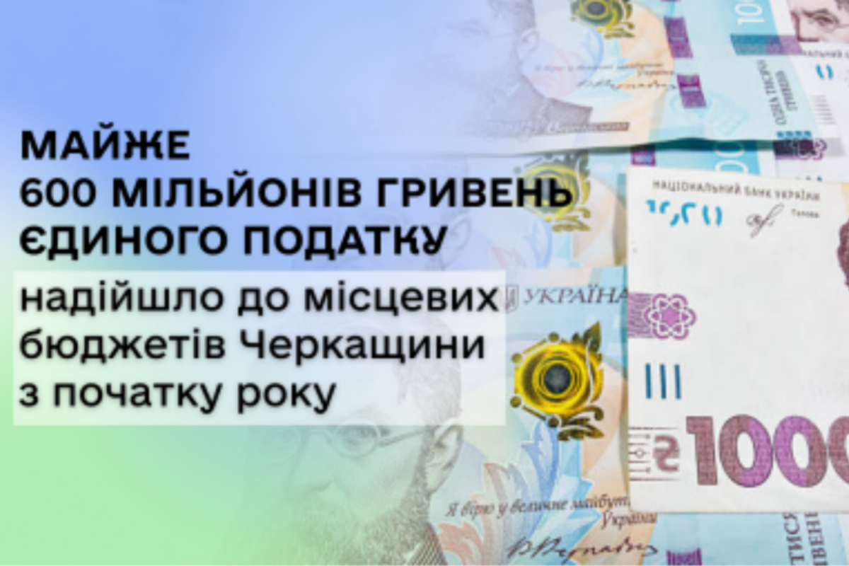 До бюджетів Черкащини надійшло майже 600 млн грн єдиного податку